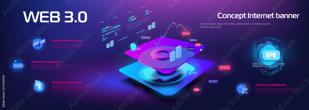 Poster web 3.0 internet and communication. conceptual cyber banner with presentation of data exchange over 