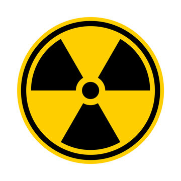 Radiation sign. Danger radioactive warning on container isolated on white background. Contamination symbol. Yellow trefoil icon. Threat dirty nuclear bomb. Atomic hazard sticker. Vector illustration