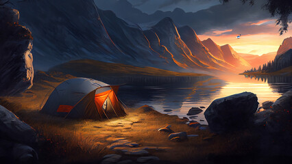 Camping on a lake in the mountains at sunset. 3D rendering