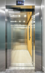 Elevator in a hall with closed, open and semi-closed doors