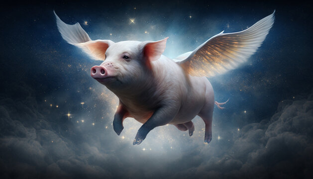 Pig with wings flying universe background generative AI	