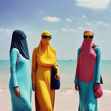 AI generated portrait of a muslim woman on the beach dressed in a burkini