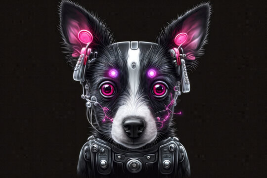 cute android dog with painted in pink eyes and ears on dark background, generative ai