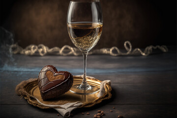 Heart shaped chocolate candy with a glass of champagne, Generative AI