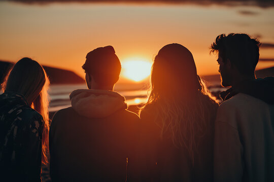 A Group Of People Standing Next To Each Other Watching The Sunset