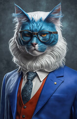 Generative AI portrait illustration of People with cat masks with colored backgrounds