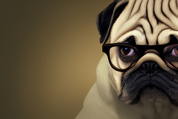 Closeup of muzzle of adorable domestic pug dog wearing glasses. Generative AI	