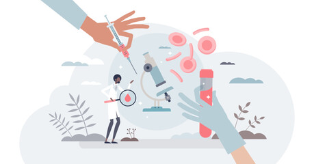 Blood testing and taking sample for research and examination tiny person concept, transparent background. Microbiological hemoglobin, red cells and platelets structure measurement illustration.