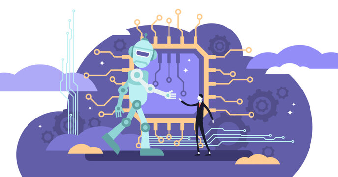 AI ethics illustration, transparent background.Flat tiny robot relationship persons concept.Computer intelligence behavior intellect.