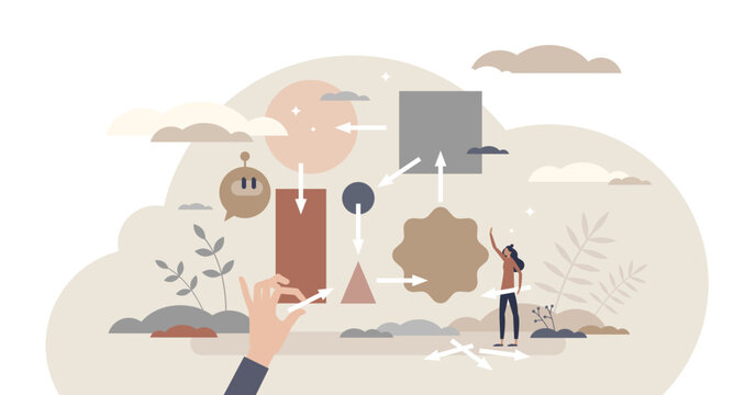 Algorithm and work flow with process structure planning tiny person concept, transparent background. Find solution with work organization and complex or difficult model illustration.