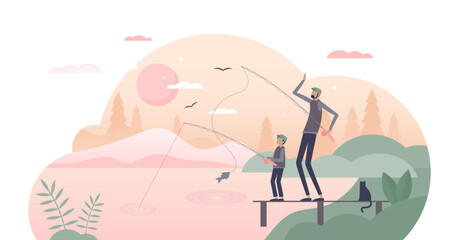 Fatherhood scene with father and son quality fishing time tiny person concept, transparent background.Husband or dad with children in holidays happy together illustration.