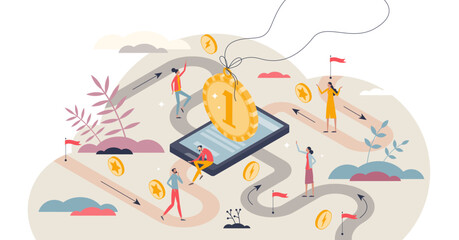 Gamification web tool with game and challenge elements tiny person concept, transparent background. Online marketing, advertisement or learning strategy goal to make customers win prizes.