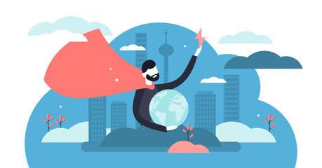 Hero illustration, transparent background. Flat tiny strong rescue defender persons concept. Abstract earth security with ideal leadership and supernatural protection.