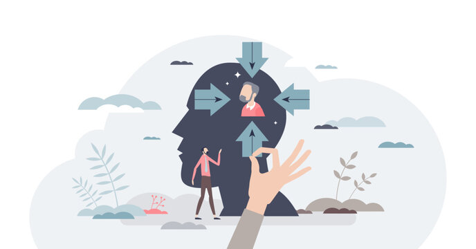 Implicit bias social stereotype or prejudice reflection tiny person concept, transparent background. Opinion about racial.