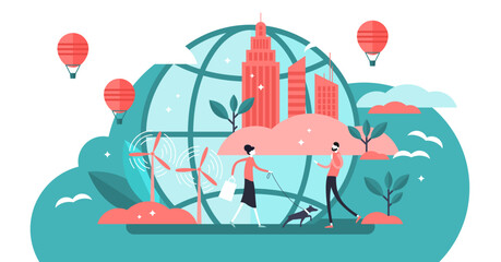 Urban ecology illustration, transparent background. Flat tiny green environment persons concept. Modern city with sustainable, alternative wind energy and fresh air. Recycle and renewable resources.