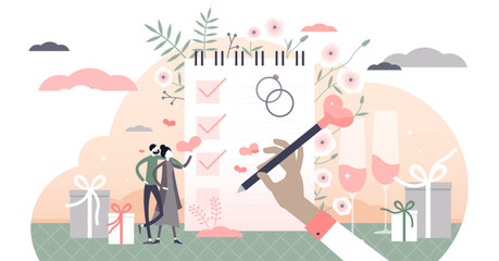 Wedding planning with checklist and reminder schedule tiny persons concept, transparent background. Elegant marriage event celebration illustration. Romantic business service management.