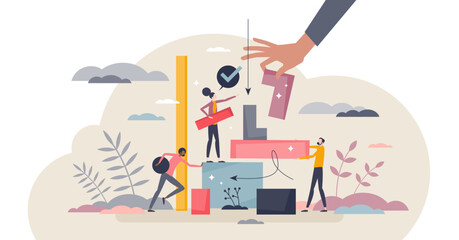 Obraz na płótnie Canvas Work cooperation, partnership and teamwork for job task tiny person concept, transparent background. Successful and productive strategy to reach goal with unity and working together illustration.