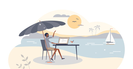 Workcation, work and vacation at remote leisure location tiny person concept, transparent background.