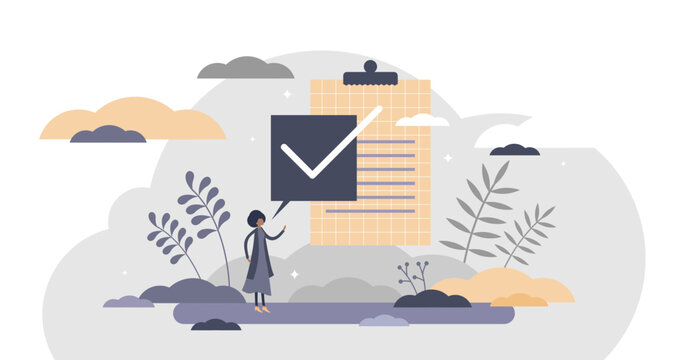 Task done right sign as approved check mark symbol flat tiny persons concept, transparent background. Positive checklist result or passed exam illustration.