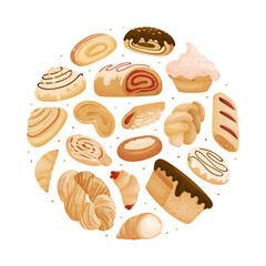 Sweet Bakery Food Round Composition Design with Baked Dough Pastry Vector Template