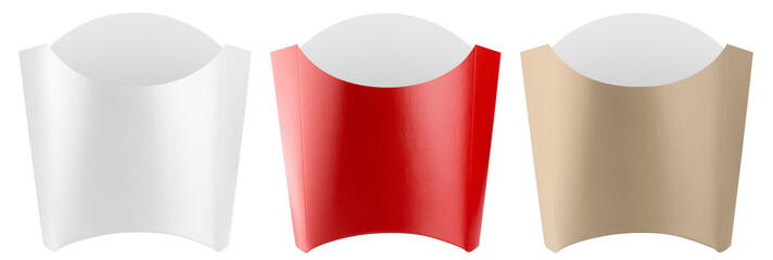 Set of empty carton package boxes for nuggets, potato fries or wedges cut out