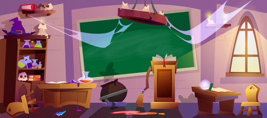 Cartoon abandoned magic school classroom with broken furniture, spider webs and crushed cauldron. Empty wizard room with window, blackboard and scattered things for magic knowledge.