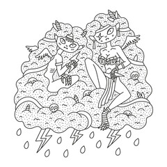 Goddess of thunder. Happy harpy girl sitting on the cloud with lightning. Greek mythology greature. Fantasy monster. Cute funny coloring page for kids. Cartoon vector illustration. Isolated on white