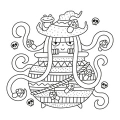 Cute little witch sitting in cauldron. Girl with witch hat, toad, mushrooms. Funny halloween drawing. Autumn coloring page for kids. Cartoon vector illustration. Isolated on white. Outlined artwork