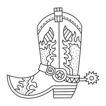 Traditional american cowboy and cowgirl boots with spurs. Western and wild west element. Flame design. Coloring page for kids. Cartoon vector illustration. Isolated on white. Black lines. Outlined