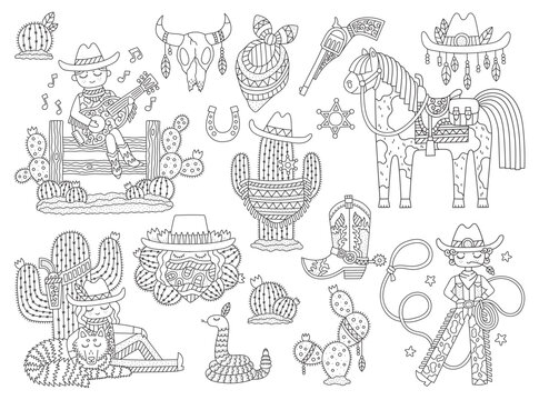 Set of cute western drawings. American ranch cowboy, horse, dog. Boots, bandana, revolver. Funny wild west adventure for kids. Coloring page. Cartoon vector artwork. Isolated on white. Outlined