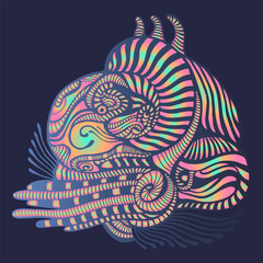 Abstract fantastic cyberpunk style element, isolated on dark background. Psychedelic decorative colorful ornament