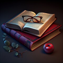 Open book and red apple with reading glasses, Generative Ai