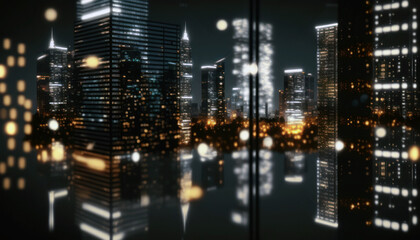 Fototapeta na wymiar City skyscrapers at night, dark office building facade, lights reflection on glass. Generative AI