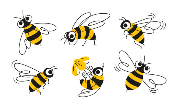 Set of hand drawn honey bees in different poses. Vector isolated doodle illustration
