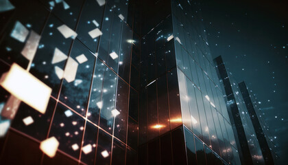 Skyscrapers at night, dark building facade, city lights reflection on glass. Generative AI