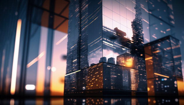 Skyscrapers At Night, Dark Building Facade, City Lights Reflection On Glass. Generative AI