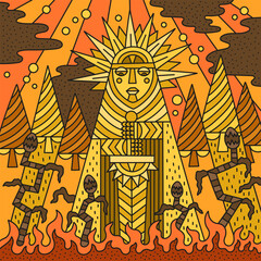 Godess of sun art. Army of fire knights. Women queen wearing crown with rays. Burned plants and fire. Yellow, orange, brown colors. Cartoon vector illustration