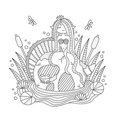 Little mermaid sitting on giant skull. Cute underwater fish girl creature. Swamp nature. Frog, reeds, water lily, dragonfly. Fantasy coloring page for kids. Cartoon vector illustration. Isolated