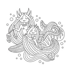 Two little mermaid. Eel fish boy and girl. Underwater fairy tale creature. Fantasy marine drawing. Funny coloring page. Cartoon vector illustration. Black lines. Isolated on white. Hand drawn style