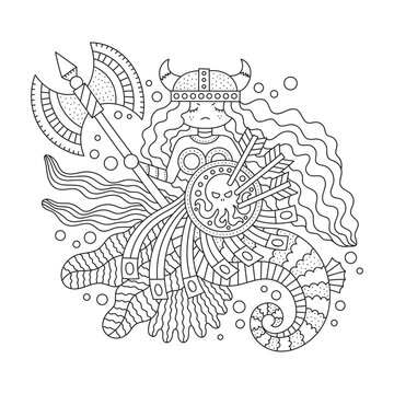 Viking warrior mermaid girl with helmet, shield, axe. Underwater fish woman. Scandinavian fantasy creature. Funny coloring page. Cartoon vector illustration. Outlined hand drawn artwork. Isolated