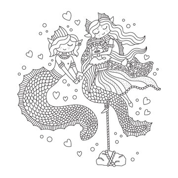 Cute little mermaid boys with dead bride girl. Underwater creatures. Mythology sea monsters. Funny coloring page. Cartoon vector illustration. Black lines. Hand drawn artwork. Isolated on white