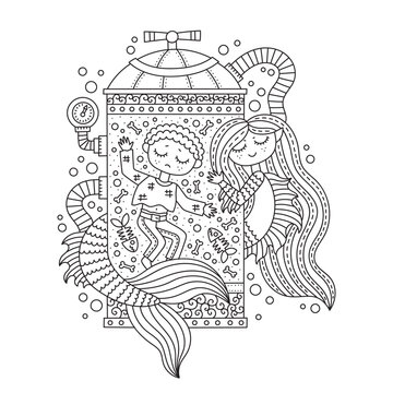 Cute mermaid girl and dead human boy inside steampunk mechanism. Sad story.
Underwater sea creature. Mythology monster. Funny coloring page. Cartoon vector illustration. Isolated on white. Outlined