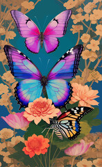 Flowers with butterflies background illustration wallpaper 