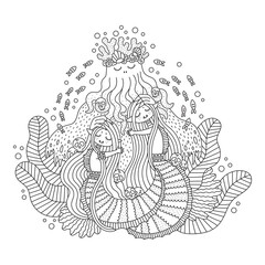 Little mermaids with sea god. King of ocean with crown made from shell and coral. Underwater nature. Cute fish girls and octopus man. Detailed coloring page. Cartoon vector illustration. Isolated
