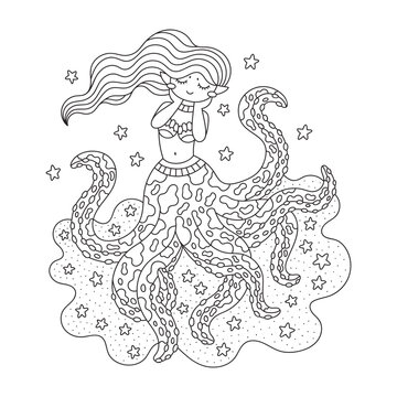 Cute shy octopus mermaid with ink. Funny fish girl with tentacles. Fantasy creature. Coloring page for kids. Cartoon vector illustration. Black and white colors. Outlined drawing. Isolated