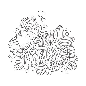 Cute little mermaid with big skeleton fish. Underwater nature. Different seaweeds. Mythology fantasy creature. Marine drawing. Coloring page. Cartoon vector illustration. Outlined artwork. Isolated