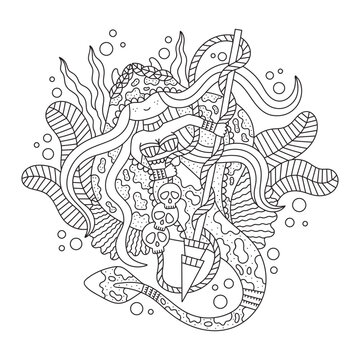 Cute stingray mermaid wearing tiara. Beautiful fish girl princess warrior with spear. Underwater sea nature. Detailed coloring page for kids and adults. Cartoon vector illustration. Isolated. Outlined