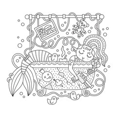 Funny cyberpunk teenager mermaid. Cute pretty punk fish girl in the bathroom. Sea creature. Sci fi coloring page. Cartoon vector illustration. Hand drawn style. Isolated on white
Black lines. Clipart