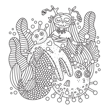 Scary sea witch. Underwater mermaid with voodoo doll. Puffer fish with pins. Dark magic wizard girl. Ocean nature, seaweeds. Detailed coloring page. Cartoon vector illustration. Isolated on white