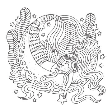 Beautiful mermaid on the moon. Cute fairy tale character. Mythology underwater creature. Adorable coloring page for kids and adults. Cartoon vector illustration. Outlined hand drawn artwork. Isolated